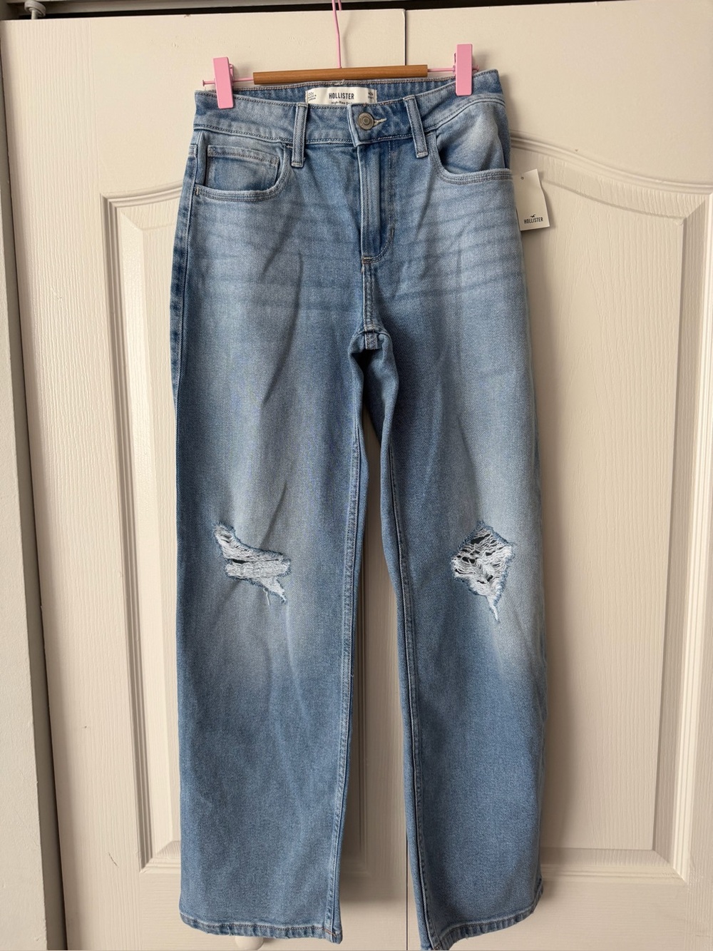 Hollister Faded Light Blue Distressed Straight-Leg Jeans - Women